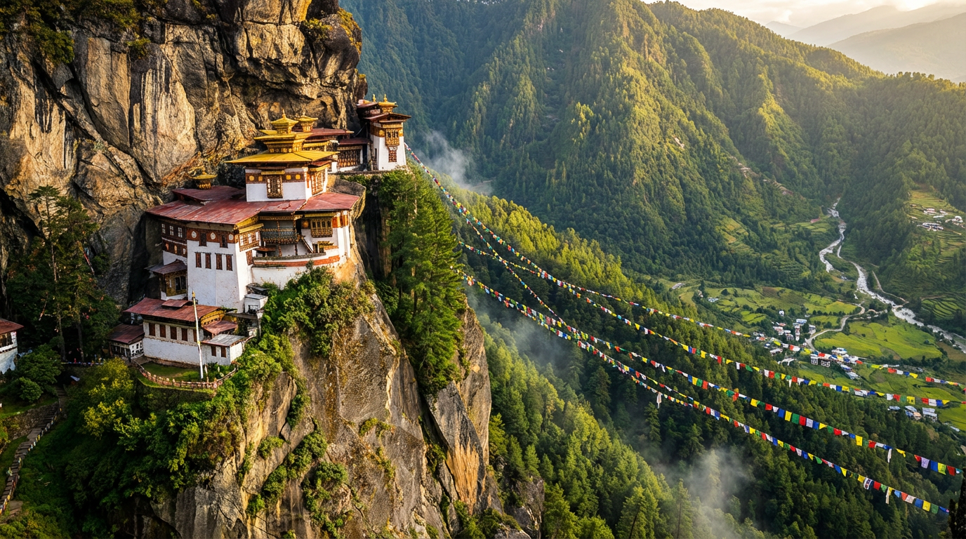 Das Tigernest-Kloster (Paro Taktsang) in voller Pracht: Der weiße Tempelkomplex mit goldenen Dächern klebt an einer senkrechten, 900 Meter hohen Felswand, umgeben von grünen Kiefern, bunte Gebetsfahnen flattern im Wind, tief unten das Paro-Tal – das ikonischste Bild Bhutans und eines der beeindruckendsten Bauwerke der Welt