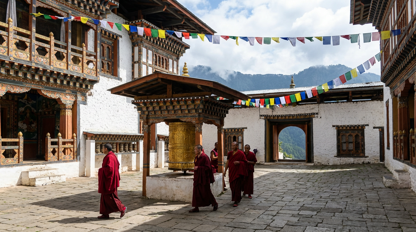 Der Innenhof des Tigernest-Klosters: Ein kleiner, gepflasterter Hof umgeben von weißen Gebäuden mit kunstvoll bemalten Holzbalkonen, im Zentrum steht ein vergoldeter Gebetszylinder, Mönche in rotbraunen Roben gehen vorbei, Gebetsfahnen hängen von den Dächern