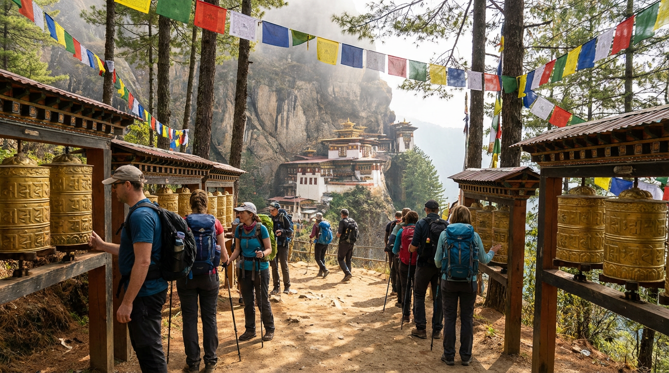 Wanderer auf dem Weg zum Tigernest: Ein gut ausgebauter Pfad führt durch einen lichten Kiefernwald, am Wegrand drehen sich vergoldete Gebetsmühlen, bunte Gebetsfahnen spannen sich zwischen den Bäumen, in der Ferne ist bereits das Kloster an der Felswand zu erkennen