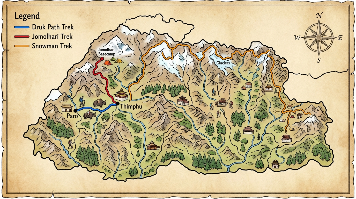 Illustrierte Karte von Bhutan mit eingezeichneten Trekking-Routen: Druk Path Trek zwischen Paro und Thimphu (blau), Jomolhari Trek im Nordwesten zum Basecamp (rot), Snowman Trek als lange Route durch den Norden (orange), mit Höhenangaben und wichtigen Orten markiert