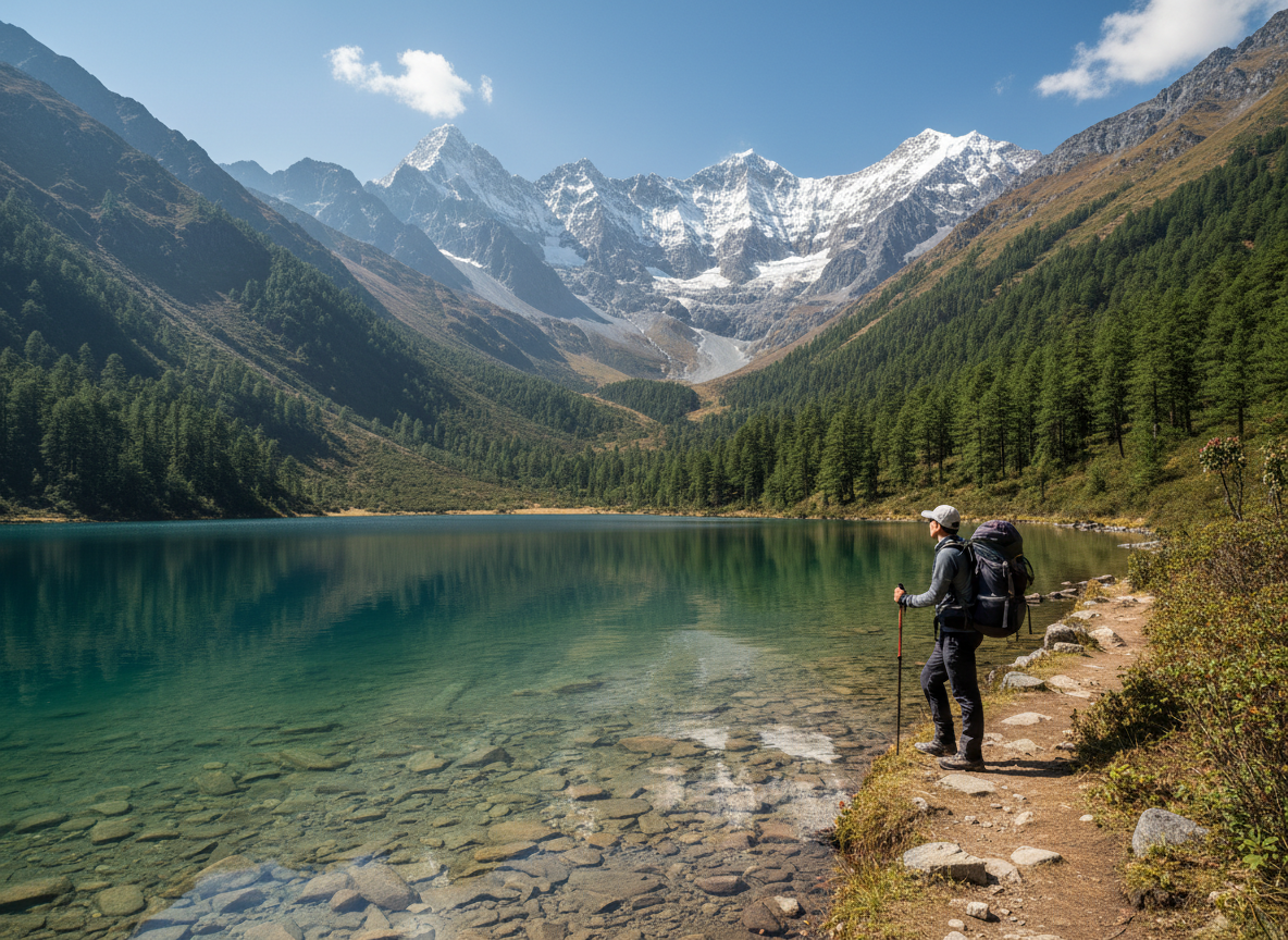 Trekker am Ufer eines kristallklaren Hochgebirgssees auf dem Druk Path Trek mit Blick auf bewaldete Berghänge und schneebedeckte Gipfel in der Ferne