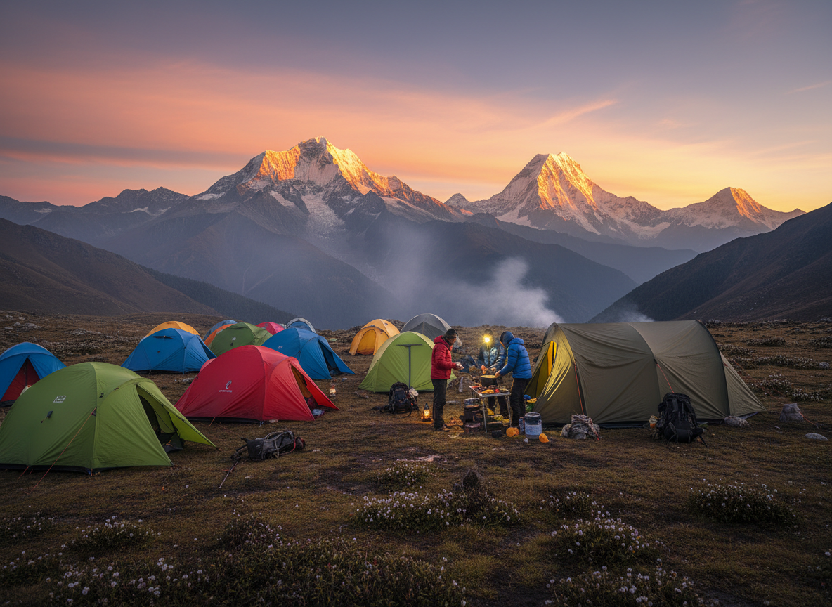 Trekking-Camp bei Sonnenuntergang: Bunte Zelte auf einer Bergwiese, Crew bereitet das Abendessen vor, Rauch steigt vom Küchenzelt auf, der Himmel färbt sich orange und pink