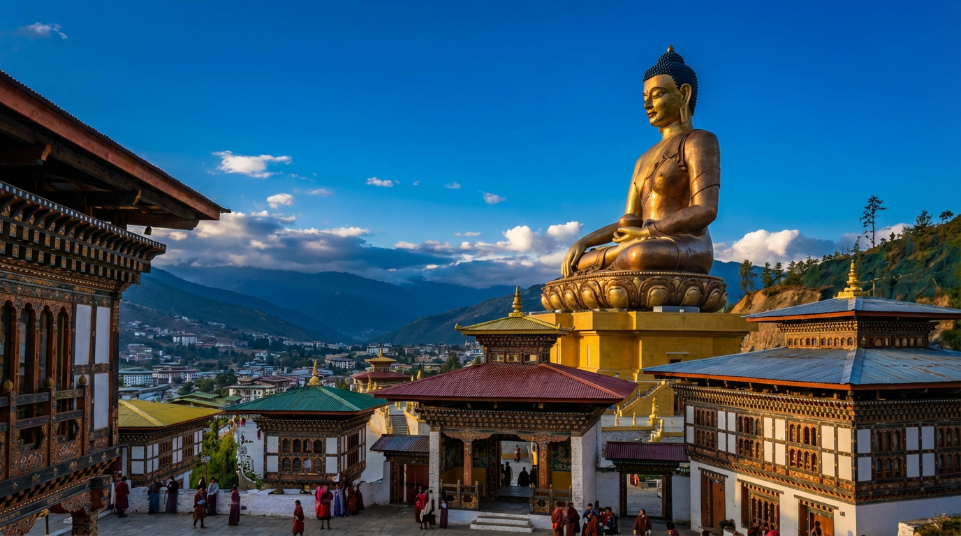 Die goldene Buddha Dordenma Statue thront über der Stadt Thimphu, im Vordergrund traditionelle bhutanische Architektur