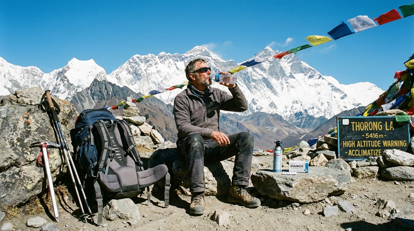 Wanderer macht Pause auf einem Hochgebirgspass, trinkt Wasser, schneebedeckte Berge im Hintergrund