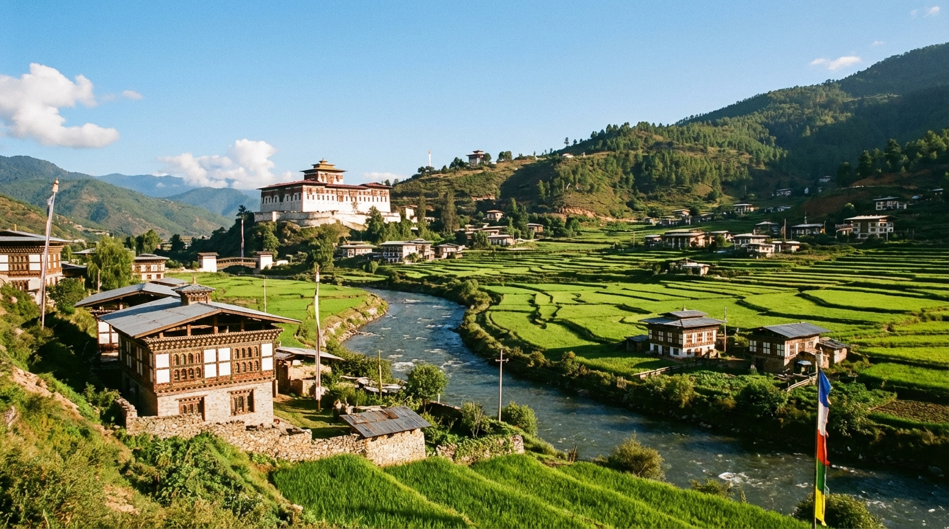 Blick auf das Paro-Tal mit dem Fluss, traditionellen Häusern und dem Paro Dzong im Hintergrund