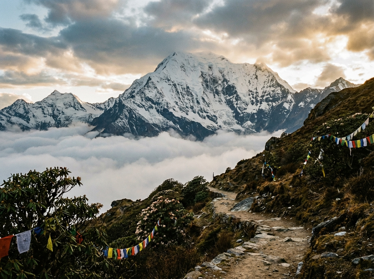 Blick auf den Gangkhar Puensum vom Druk Path Trek: Der majestätische, schneebedeckte Gipfel des höchsten unbestiegenen Berges der Welt erhebt sich über eine Schicht von Wolken, im Vordergrund der Trekking-Pfad