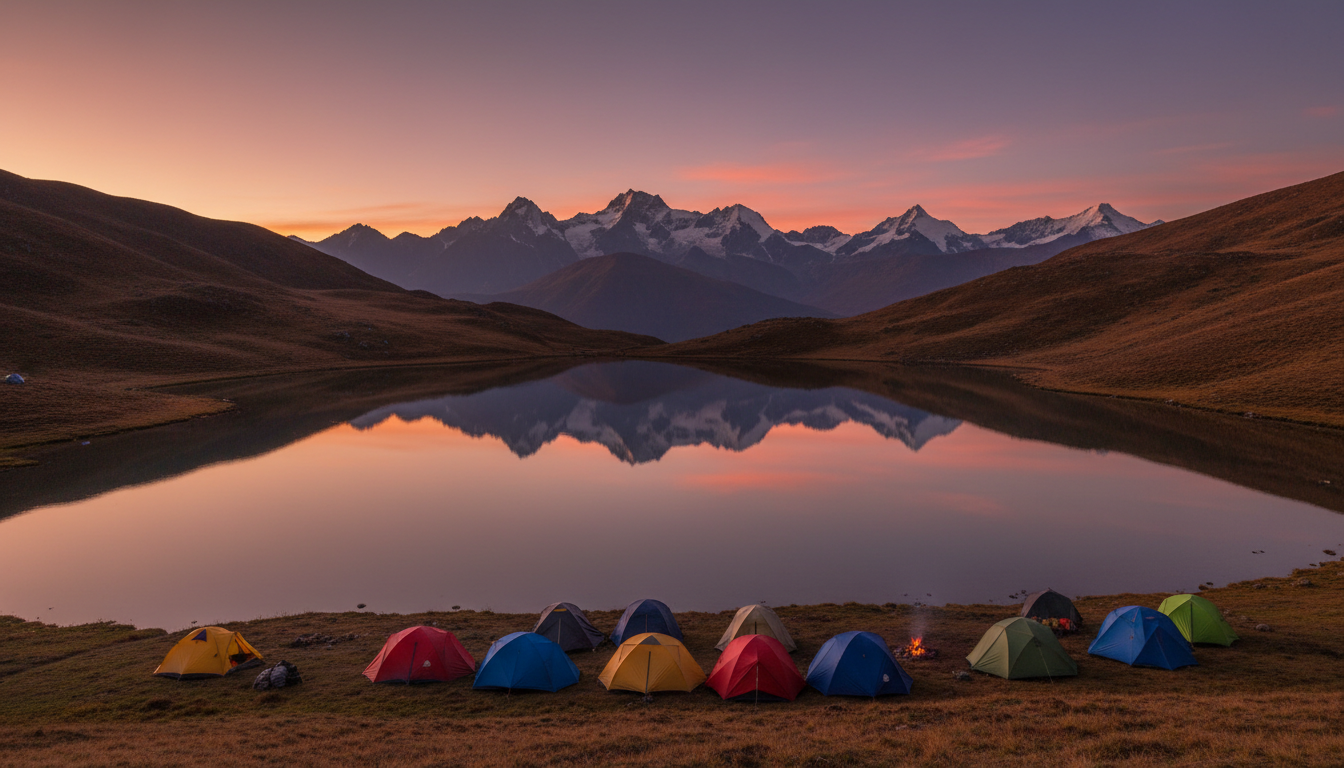 Der Jimilangtso-See bei Sonnenuntergang: Ein kristallklarer Bergsee umgeben von sanften, grasbewachsenen Hängen, im spiegelglatten Wasser reflektiert sich der orange-rosa gefärbte Himmel und die Silhouette der fernen Himalaya-Gipfel, ein Trekking-Camp mit bunten Zelten steht am Ufer