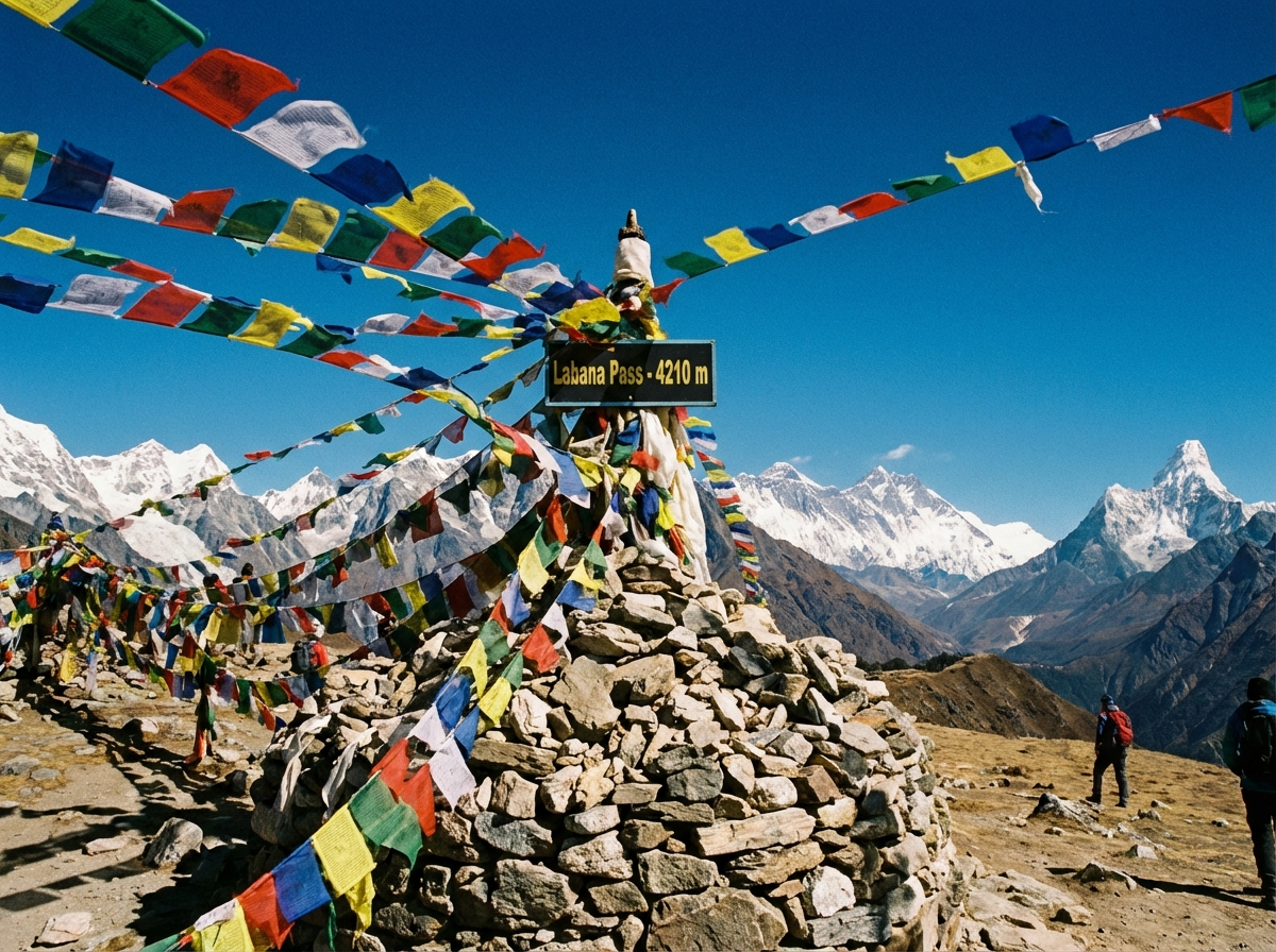 Der Labana Pass am höchsten Punkt des Druk Path Treks: Gebetsfahnen flattern im Wind, ein Steinmännchen markiert den Pass, dahinter ein 360-Grad-Panorama schneebedeckter Himalaya-Gipfel