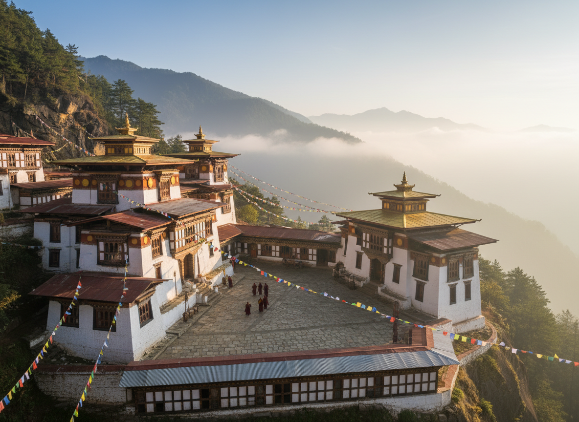 Das Phajoding Kloster in der Morgensonne: Weiße Gebäude mit goldenen Dächern an einen Berghang gebaut, Mönche in rotbraunen Roben gehen über den Hof, Gebetsfahnen spannen sich zwischen den Gebäuden