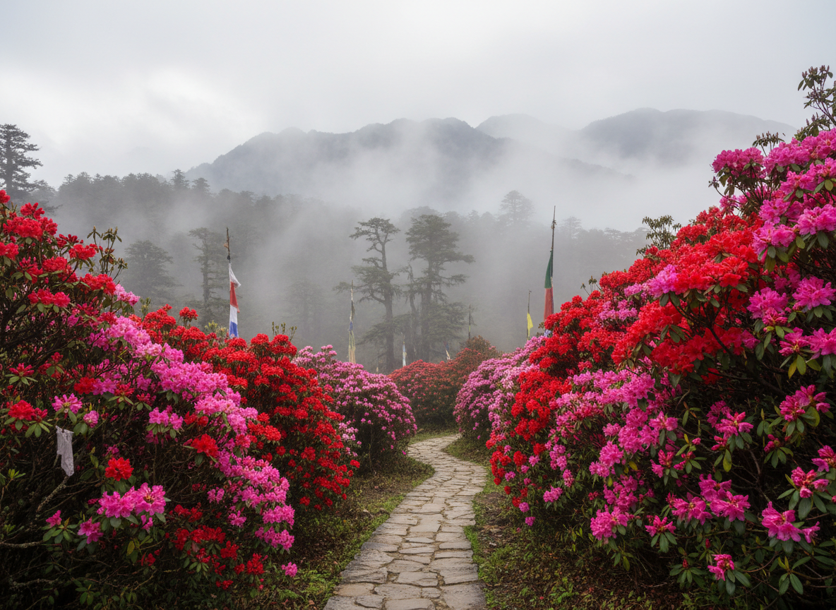 Blühende Rhododendren am Druk Path Trek: Pinke und rote Blüten leuchten vor dem Hintergrund eines nebelverhangenen Bergwaldes, der Wanderweg führt durch ein Meer von Farben