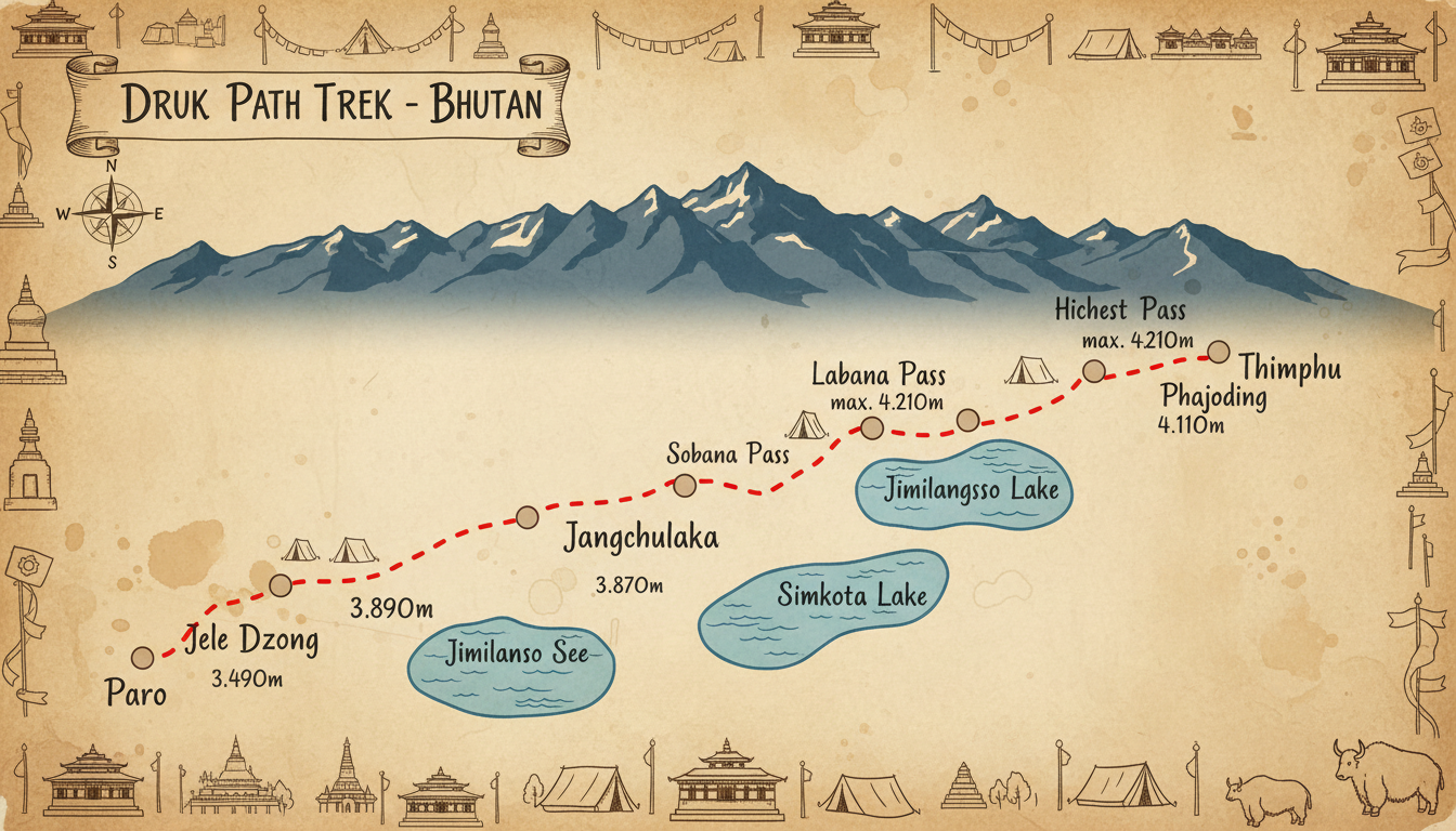 Illustrierte Karte des Druk Path Treks: Die Route ist als gestrichelte Linie von Paro (links) nach Thimphu (rechts) eingezeichnet, mit Markierungen für die sechs Campingplätze (Jele Dzong, Jangchulakha, Jimilangtso See, Simkota See, Phajoding), Höhenangaben an den wichtigsten Punkten (max. 4.210m am Labana Pass), die beiden Hochgebirgsseen sind blau markiert, im Hintergrund die Silhouette der Himalaya-Berge