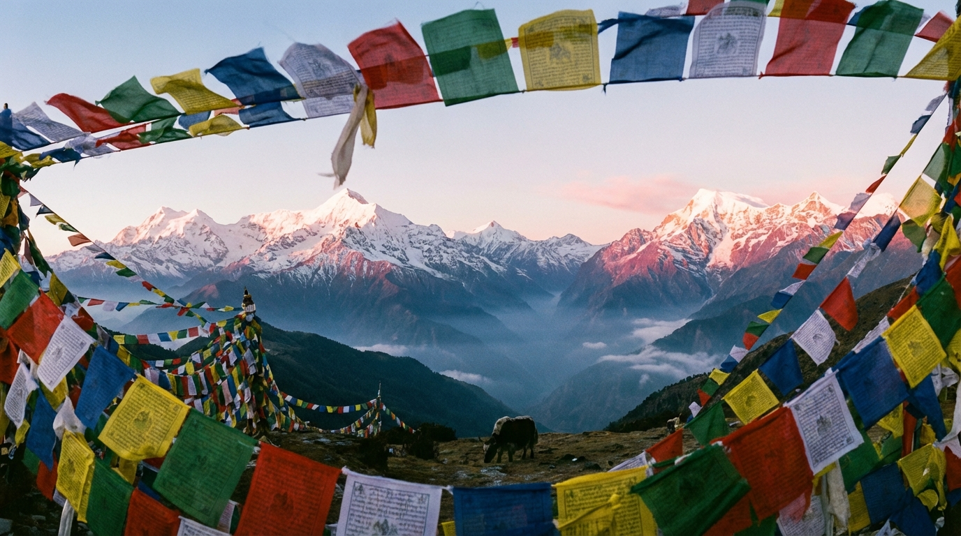 Panoramablick auf die schneebedeckten Gipfel des bhutanischen Himalaya bei Sonnenaufgang, aufgenommen von einem Hochgebirgspass mit Gebetsflaggen im Vordergrund