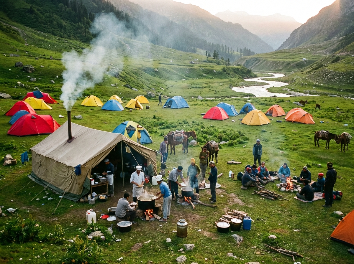 Trekking-Camp mit bunten Zelten in einem grünen Hochtal, Crew bereitet das Abendessen vor, Rauch steigt vom Küchenzelt auf
