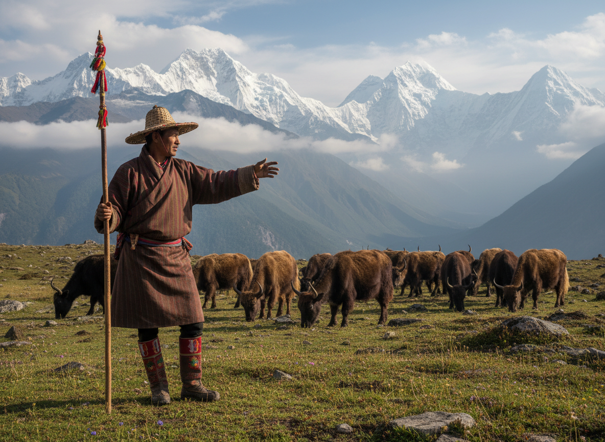 Bhutanischer Yak-Hirte in traditioneller Kleidung mit seiner Herde auf einer Hochweide, schneebedeckte Berge im Hintergrund