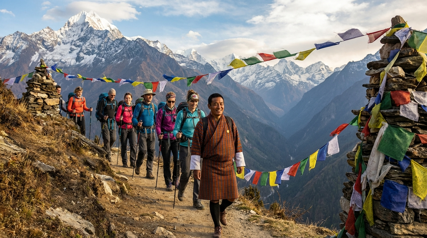 Trekkinggruppe auf einem schmalen Bergpfad im bhutanischen Himalaya mit schneebedeckten Gipfeln im Hintergrund, bunten Gebetsflaggen am Wegesrand und einem Trekking-Guide in traditioneller Kleidung