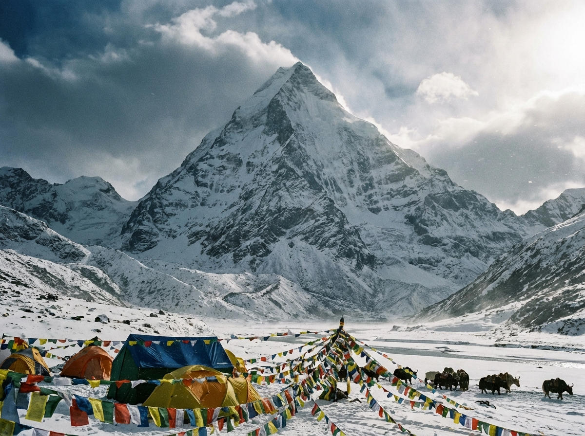 Dramatischer Blick auf den schneebedeckten Gipfel des Jomolhari (7.326m) vom Jangothang Basecamp aus, mit Trekking-Zelten im Vordergrund und Gebetsflaggen