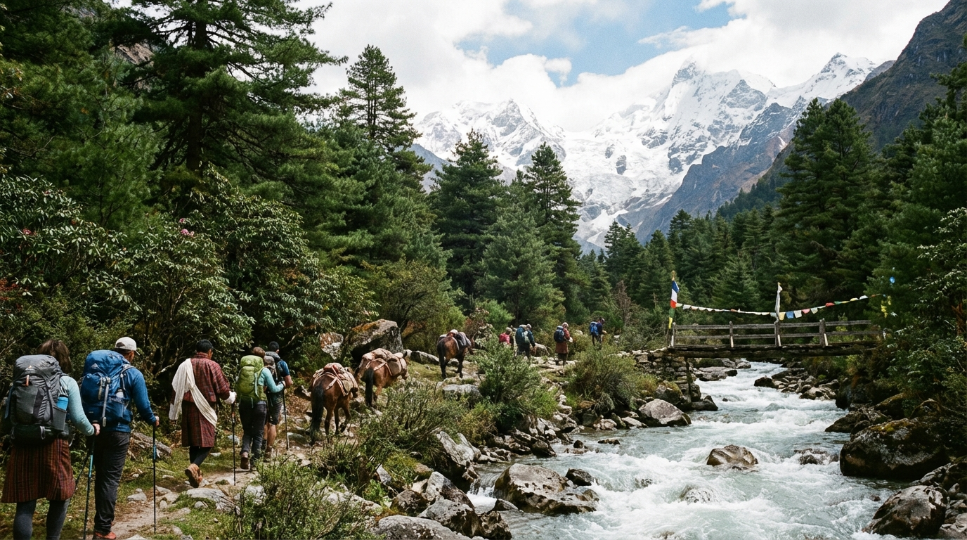 Trekker wandern entlang des Paro Chhu Flusses am ersten Tag des Jomolhari Treks, umgeben von Kiefernwald