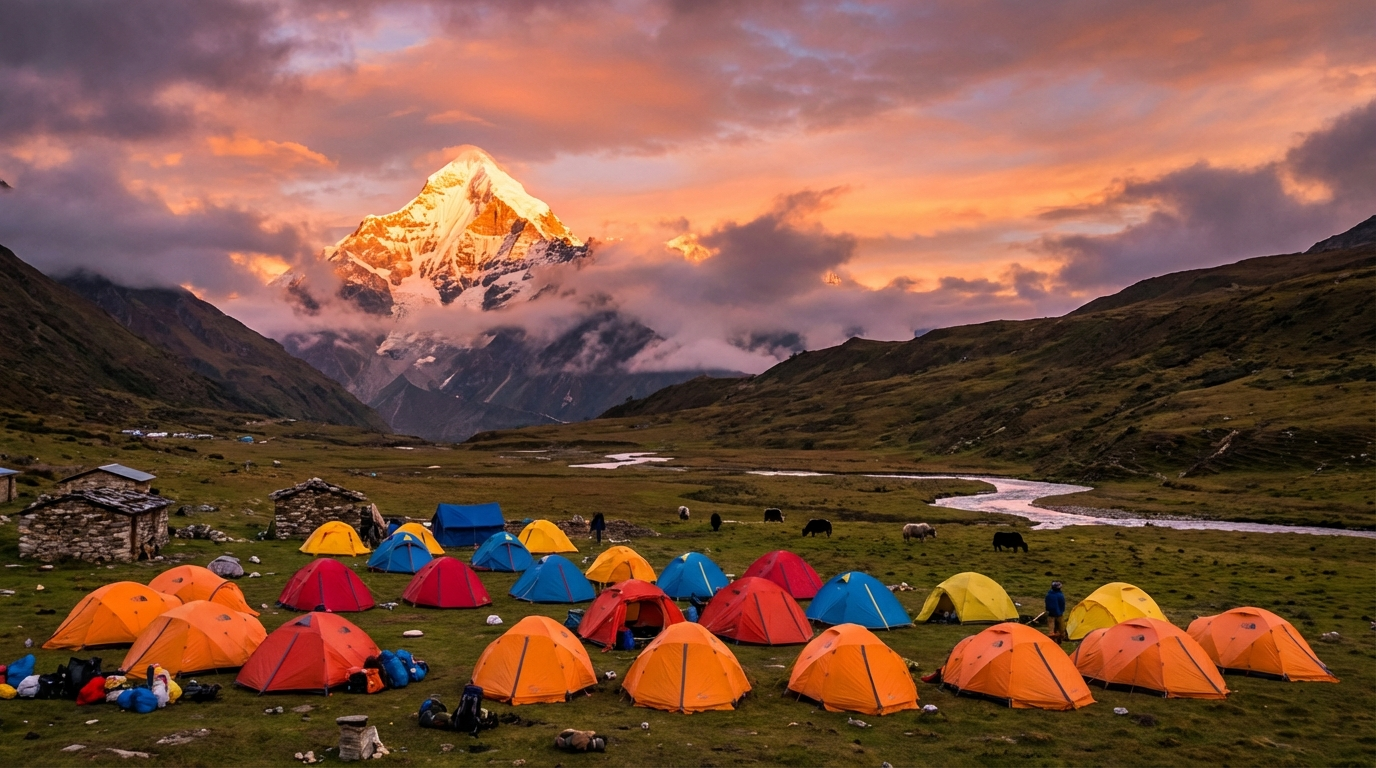 Das Jangothang Base Camp mit Zelten im Vordergrund und dem majestätischen Jomolhari im Hintergrund bei Sonnenuntergang