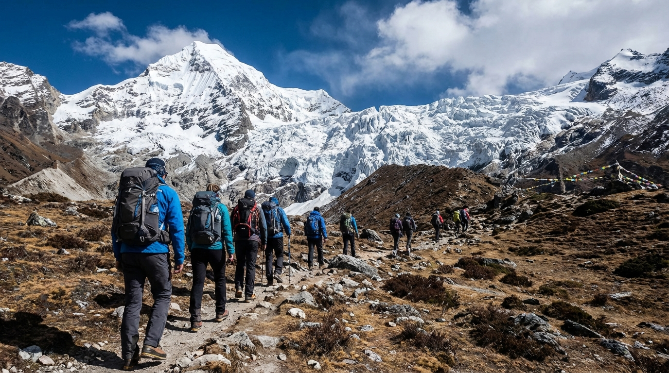Trekker bei einer Tageswanderung zum Jomolhari-Gletscher, im Hintergrund die eisbedeckte Gipfelwand