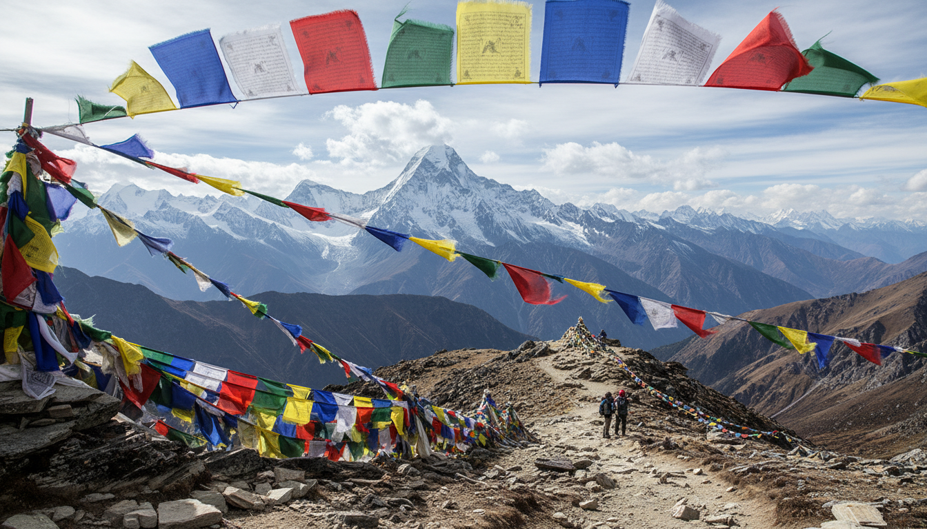 Gebetsfahnen am Yeli La Pass auf 4.930m, dem höchsten Punkt des Jomolhari Treks, mit 360-Grad-Bergpanorama