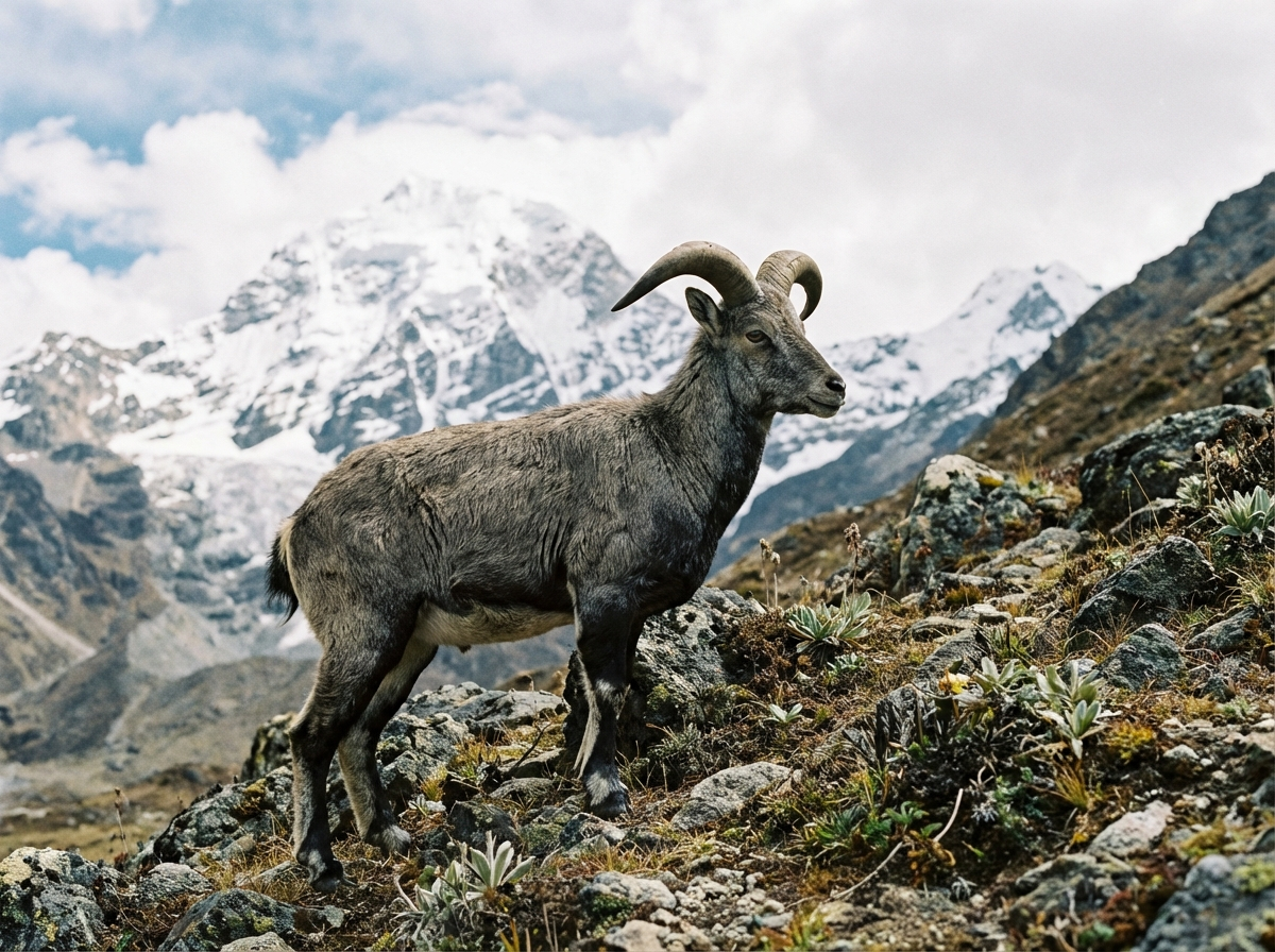 Blaues Schaf (Bharal) auf felsigem Untergrund in der Nähe des Jomolhari Base Camps