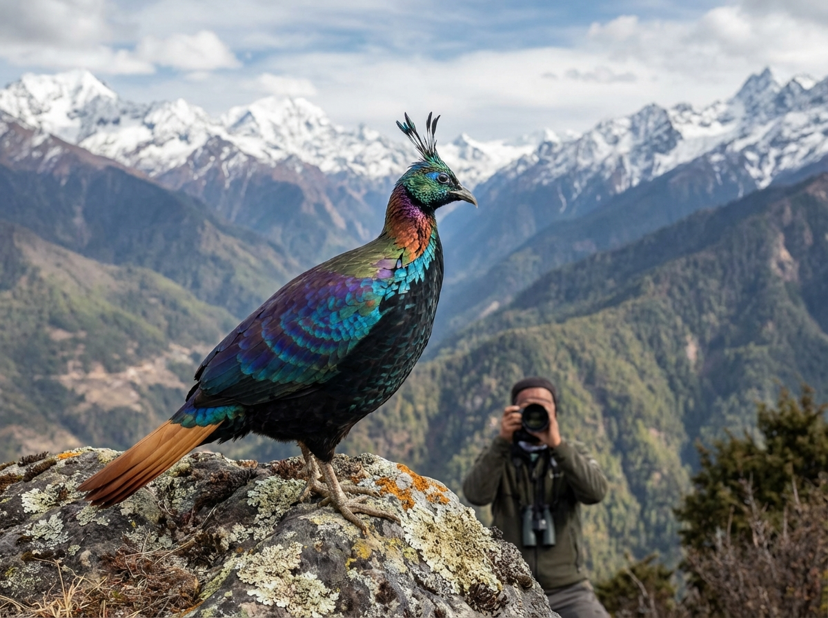Himalaya-Vogel auf einem Felsen mit Bergpanorama im Hintergrund