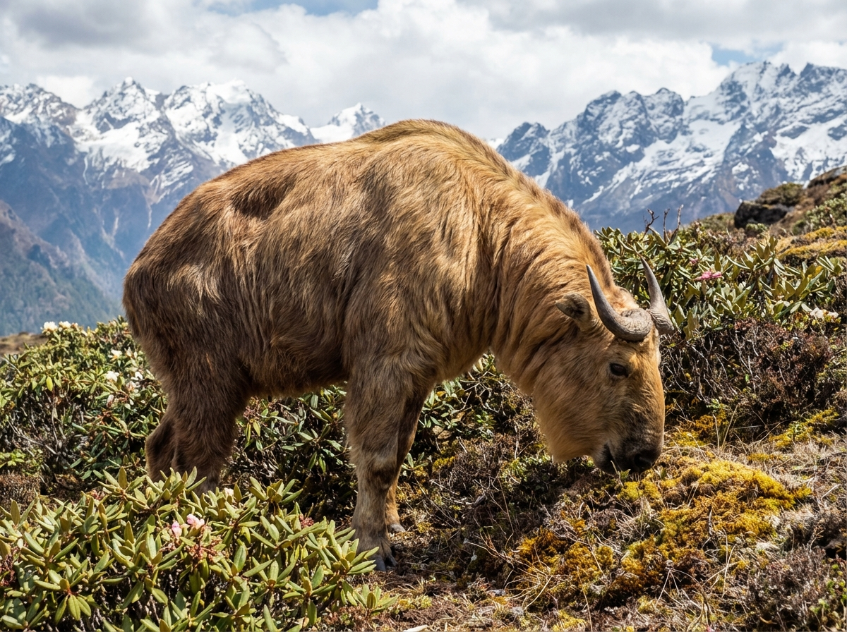 Takin, Bhutans Nationaltier, im Jigme Dorji National Park