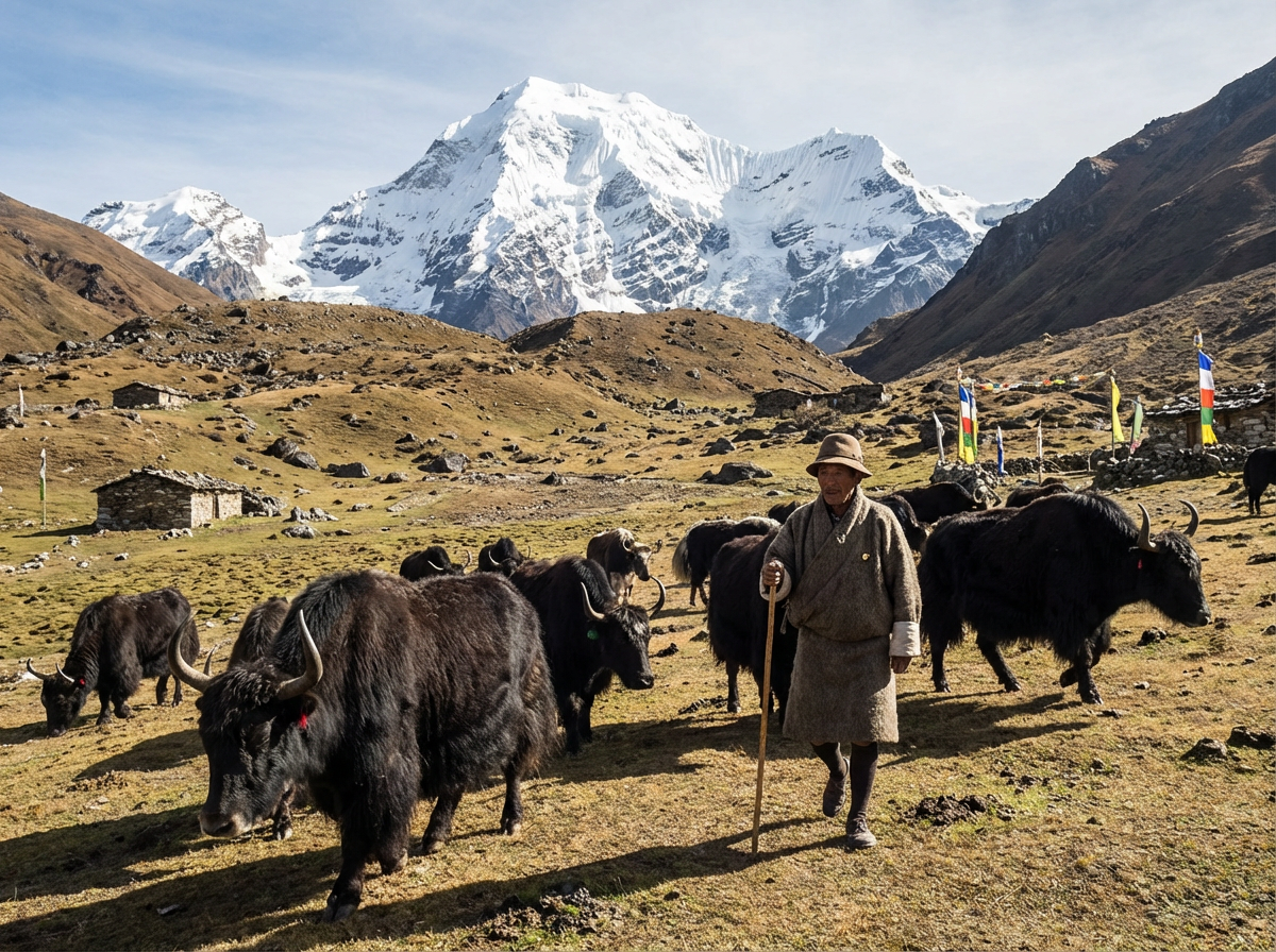 Yakherde mit Hirte auf den Hochweiden des Jomolhari Treks