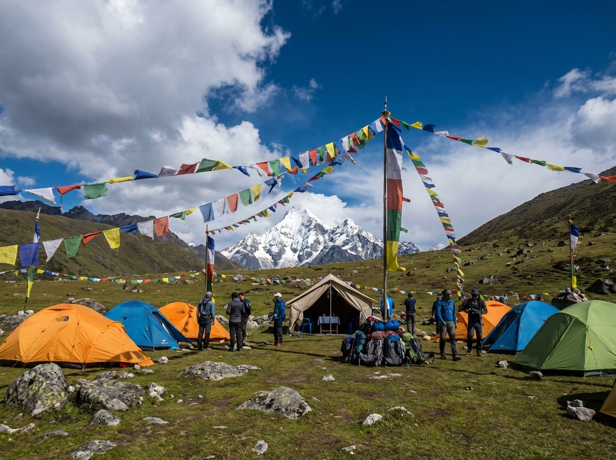 Zeltcamp in Jangothang mit Gebetsfahnen und dem Jichu Drake im Hintergrund