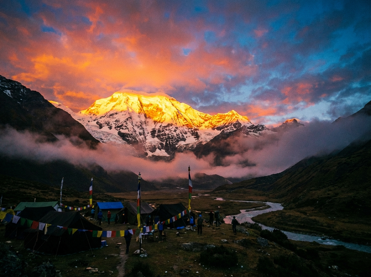Morgendlicher Blick vom Jangothang Base Camp auf den Jomolhari mit ersten Sonnenstrahlen auf dem Gipfel