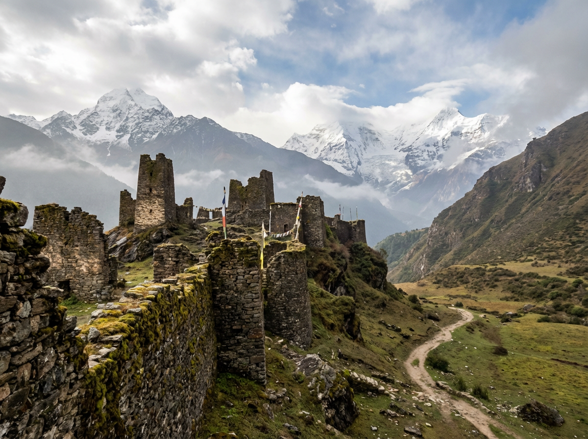 Historische Ruinen der alten Festung bei Jangothang mit Bergpanorama