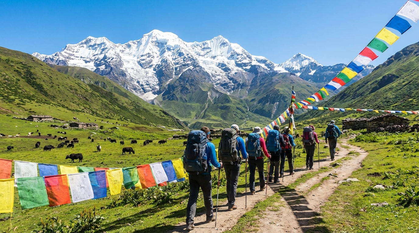Trekker auf dem Jomolhari Trek mit Blick auf schneebedeckte Gipfel und grüne Hochtäler, traditionelle Gebetsfahnen säumen den Pfad
