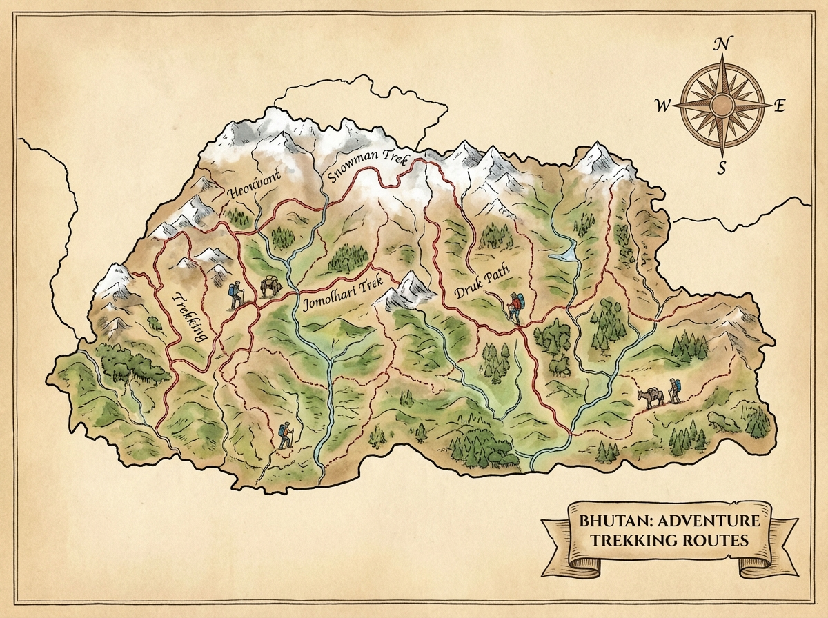 Übersichtskarte der Trekking-Routen in Bhutan