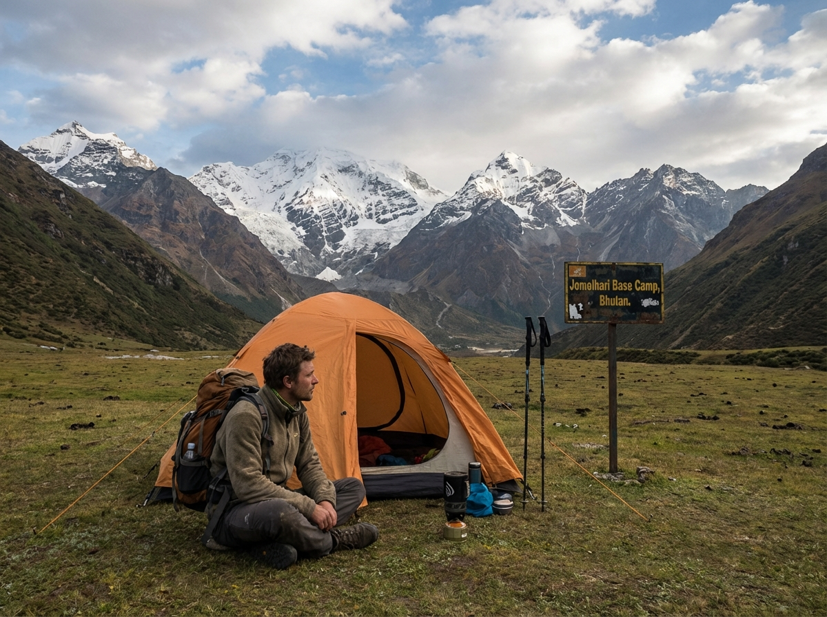 Trekker am Jangothang Basecamp beim kürzeren Jomolhari Loop Trek