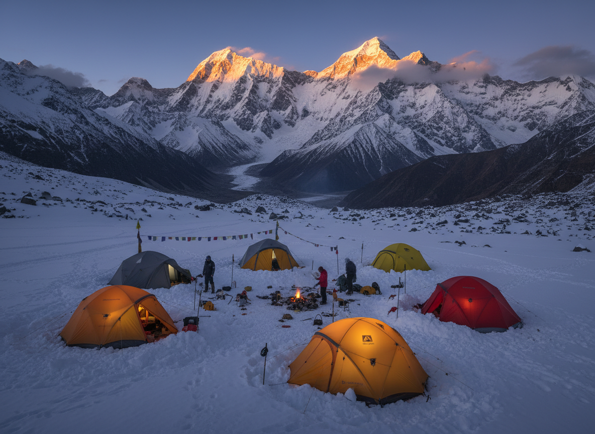 Abendstimmung am Camp auf dem Snowman Trek: Zelte vor der Kulisse schneebedeckter Himalaya-Gipfel im goldenen Licht