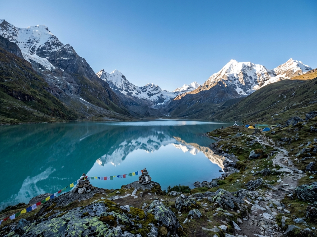 Türkisblauer Gletschersee auf dem Lunana-Plateau des Snowman Treks, umrahmt von schneebedeckten Gipfeln und spiegelnder Wasseroberfläche