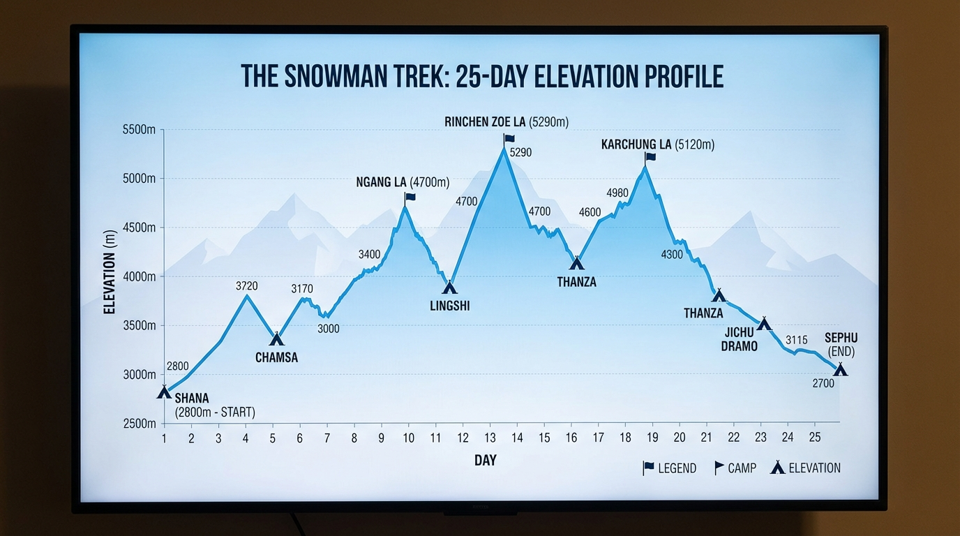 Detailliertes Höhenprofil des Snowman Treks über 25 Tage: Grafische Darstellung mit allen Pässen, Camps und Höhenangaben von 2.800m Start bis zum höchsten Punkt auf 5.290m