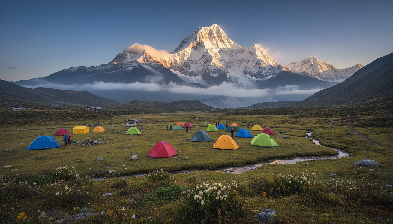 Jangothang Basecamp mit Blick auf den Jomolhari beim Jomolhari Trek