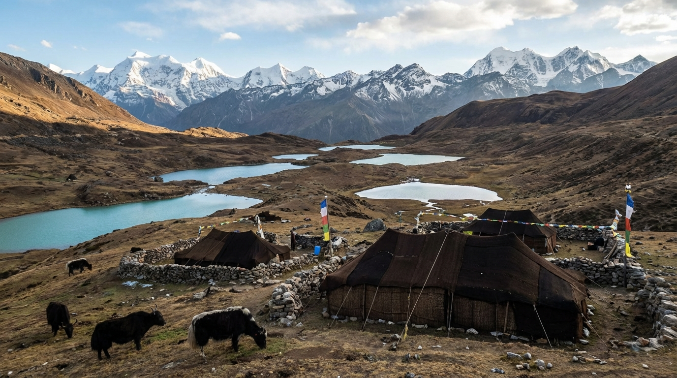 Das abgelegene Lunana-Plateau auf dem Snowman Trek: Weitläufiges Hochtal mit türkisblauen Gletscherseen, schneebedeckten Gipfeln am Horizont und vereinzelten Yak-Hirten-Zelten