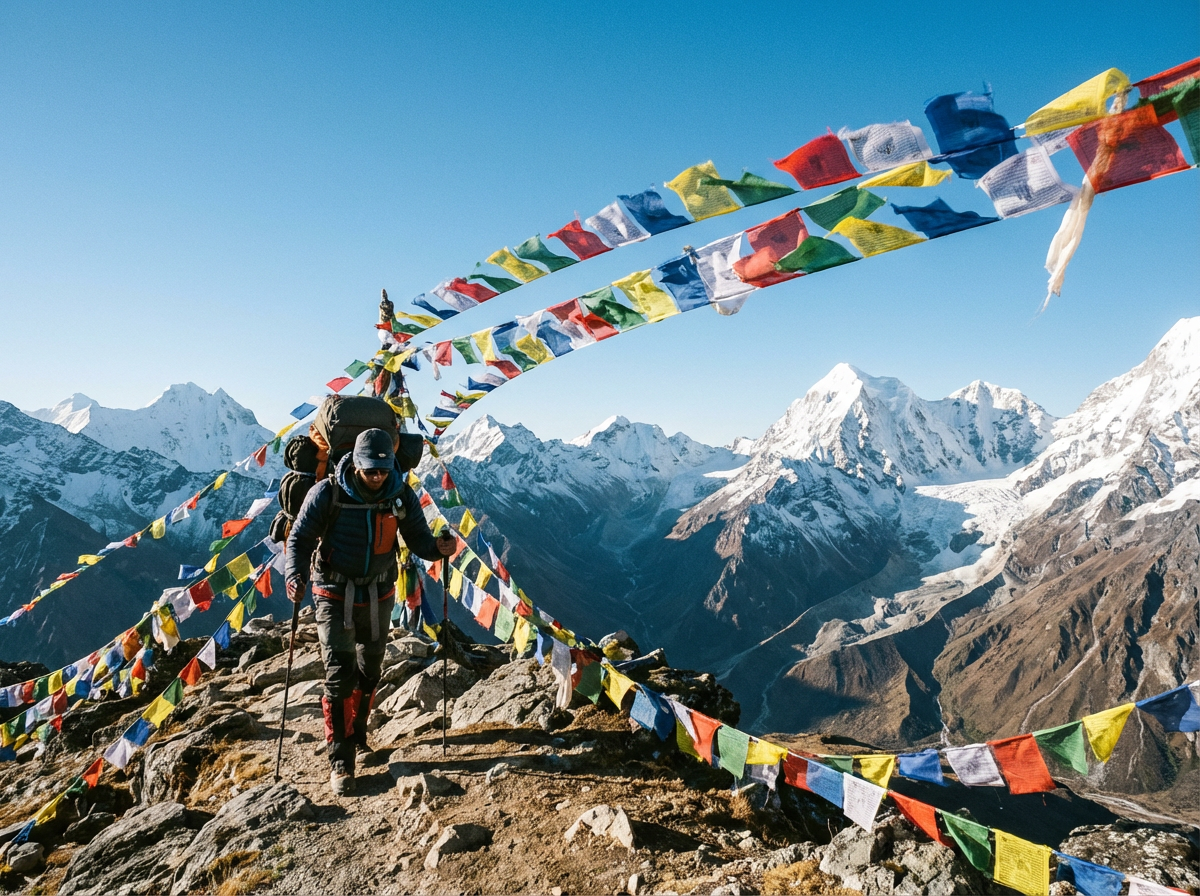 Trekker überquert einen der hohen Pässe des Snowman Treks bei klarem Wetter, mit Gebetsfahnen und 360-Grad-Bergpanorama