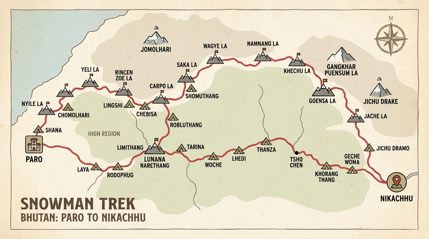 Schematische Karte der Snowman Trek Route durch Bhutan: Von Paro im Westen über das Lunana-Plateau bis zum Endpunkt bei Nikachhu, mit Markierung aller 11 Pässe und wichtigen Camps