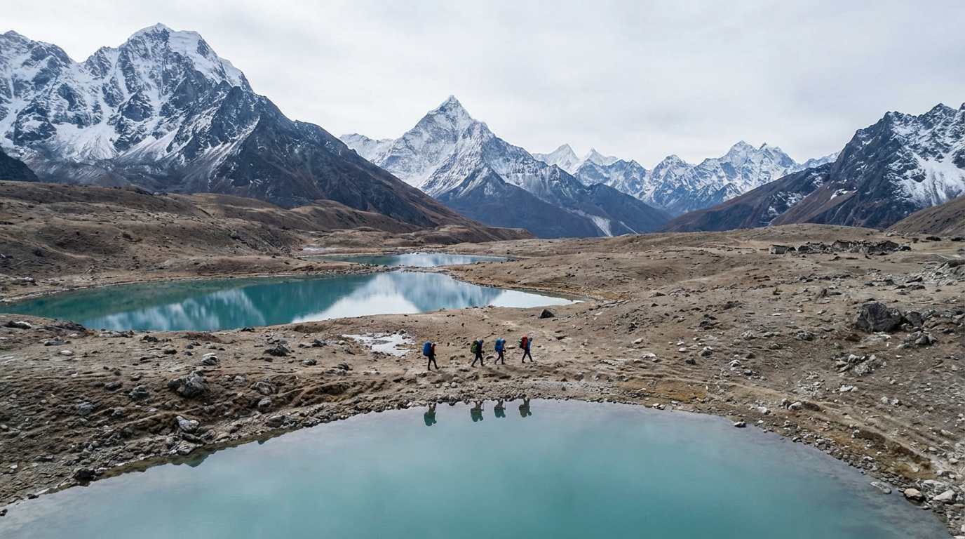 Trekker-Gruppe beim Durchqueren des Lunana-Plateaus, umgeben von Gletscherseen und schneebedeckten Gipfeln, die Isolation der Landschaft verdeutlichend