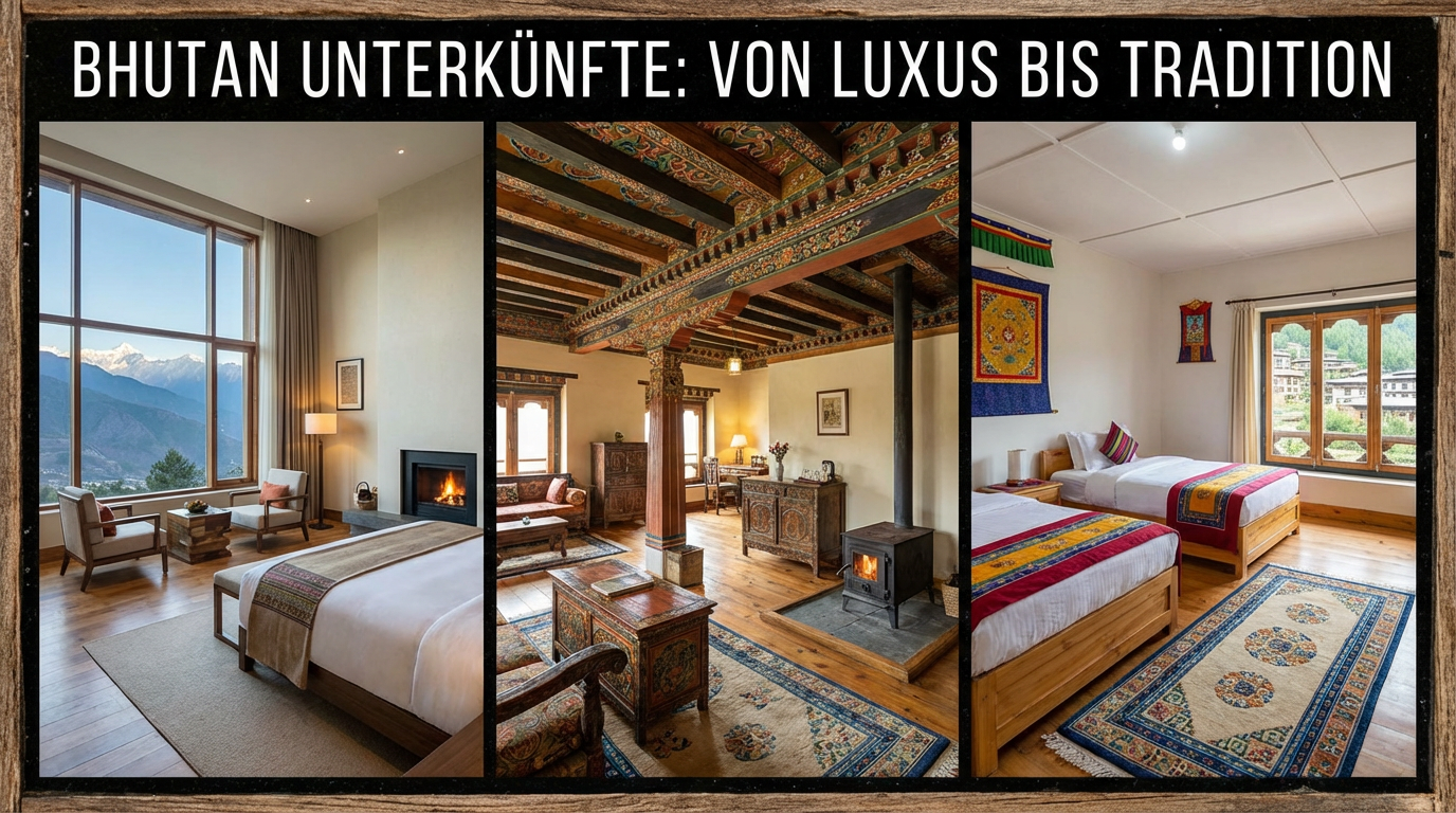 Collage verschiedener Bhutan-Unterkünfte: Links ein modernes Luxuszimmer mit Bergblick, Mitte ein traditionelles Boutique-Hotelzimmer mit Holzdecke, rechts ein einfaches aber sauberes Gästehauszimmer mit bhutanischen Textilien