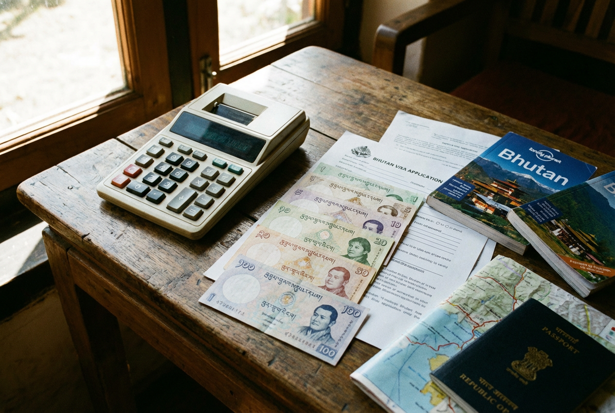 Taschenrechner mit bhutanischen Ngultrum-Scheinen und Reiseunterlagen auf einem Tisch