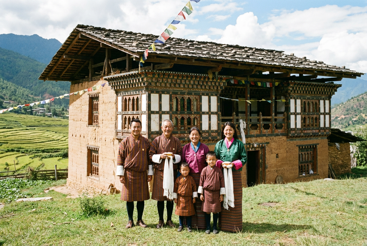 Bhutanische Gastgeberfamilie vor ihrem traditionellen Bauernhaus, bereit Gäste zu empfangen