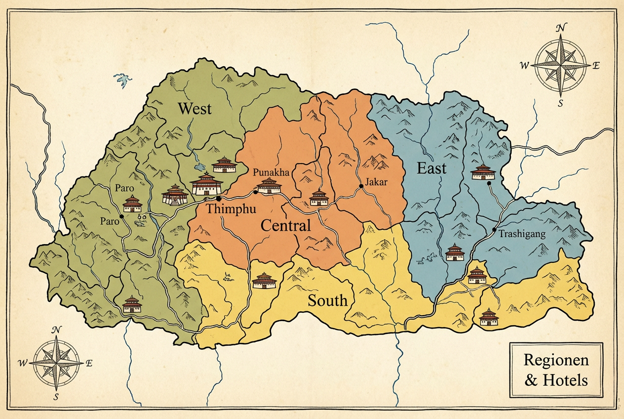 Übersichtskarte Bhutans mit farblich markierten Regionen und Hotel-Symbolen