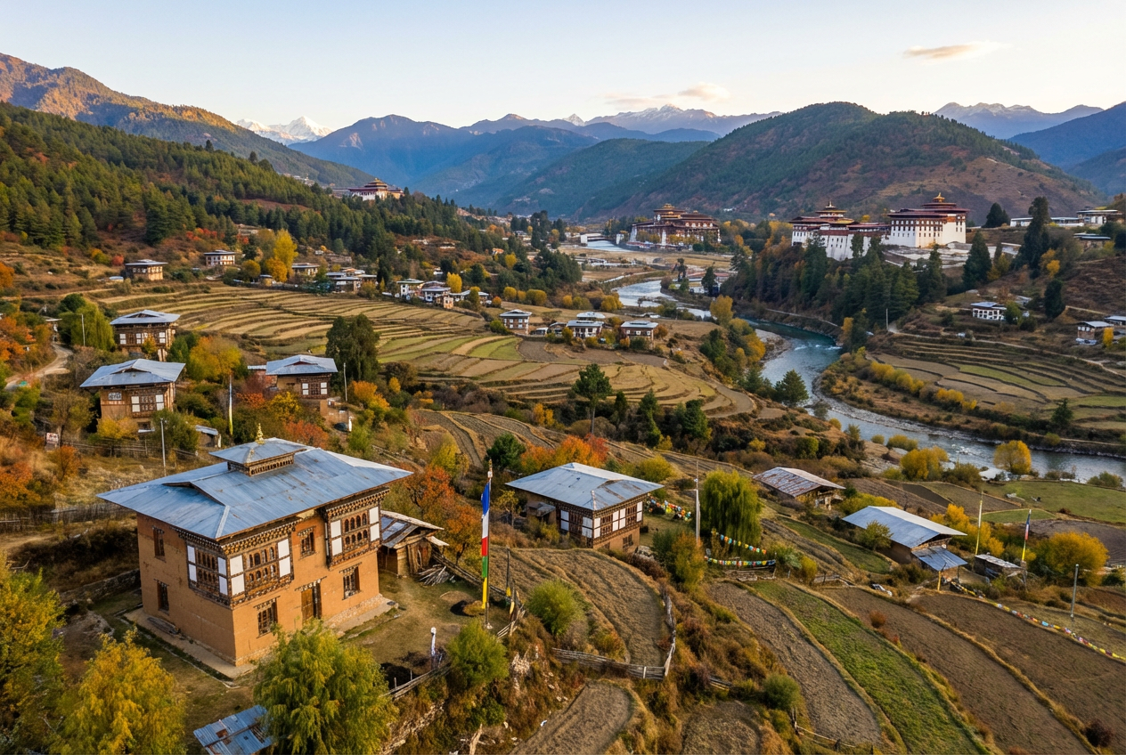 Panoramablick über mehrere bhutanische Täler mit traditionellen Häusern und Dzongs