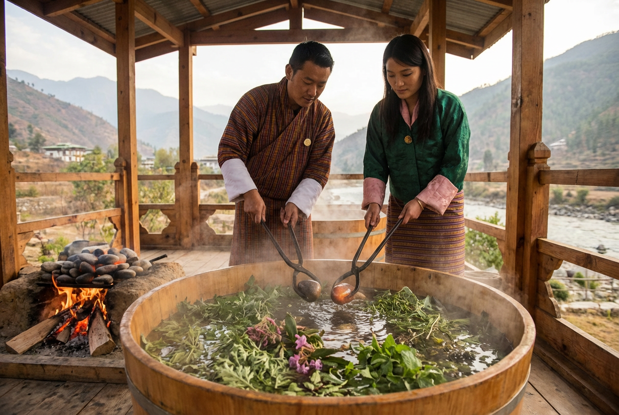 Hot Stone Bath Vorbereitung in einem bhutanischen Spa mit traditionellen Steinen und Heilkräutern