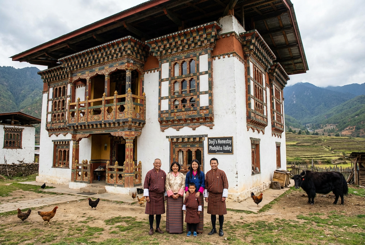 Traditionelles bhutanisches Bauernhaus mit weiß getünchten Wänden und bunten Holzfenstern, davor eine einheimische Familie in traditioneller Kleidung - typischer Homestay in ländlichem Bhutan