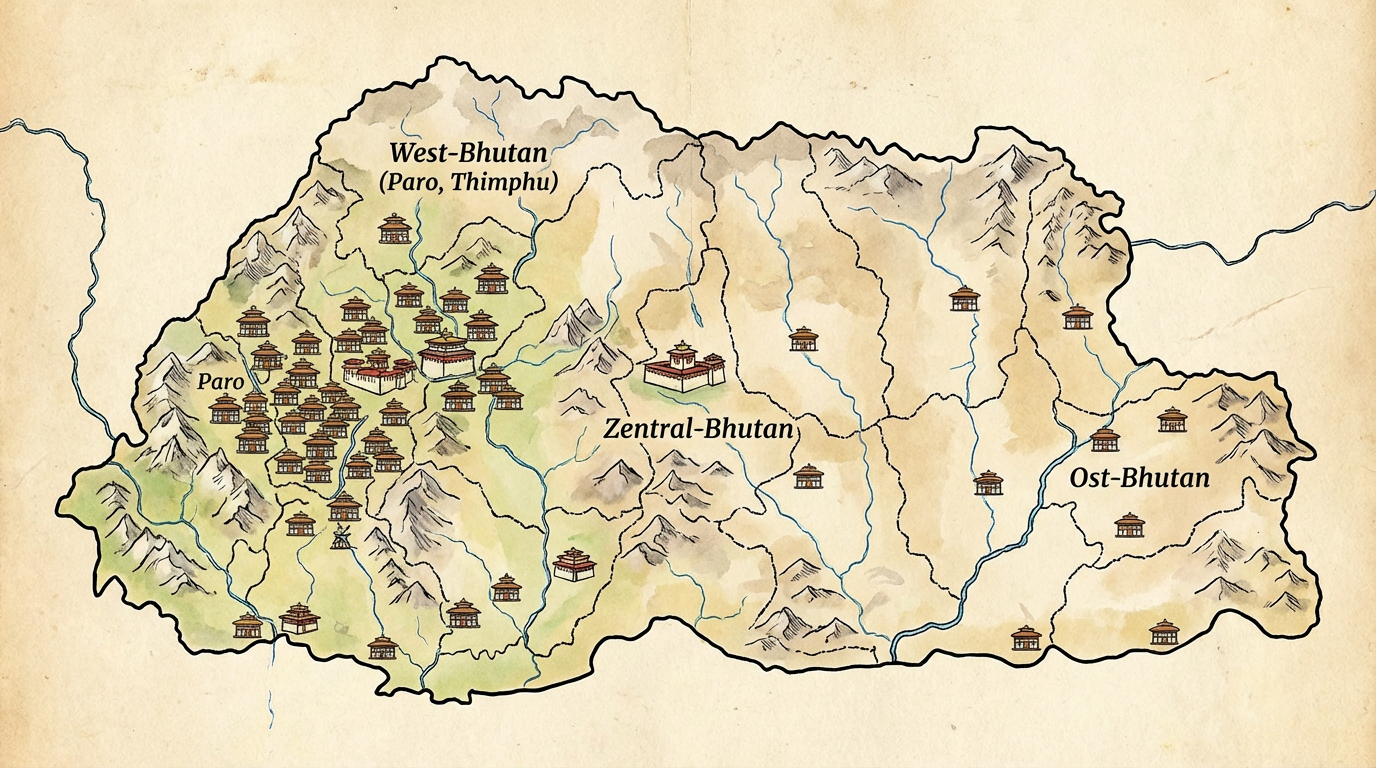 Karte Bhutans mit markierten Hauptregionen und Hotels: Paro und Thimphu mit vielen Hotel-Symbolen, abnehmende Dichte Richtung Osten - visualisiert die regionale Verteilung der Unterkünfte